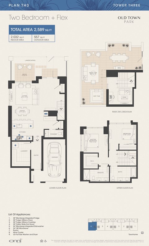 Floor plan for 2 beds, 2.5 baths, 2032 sqft